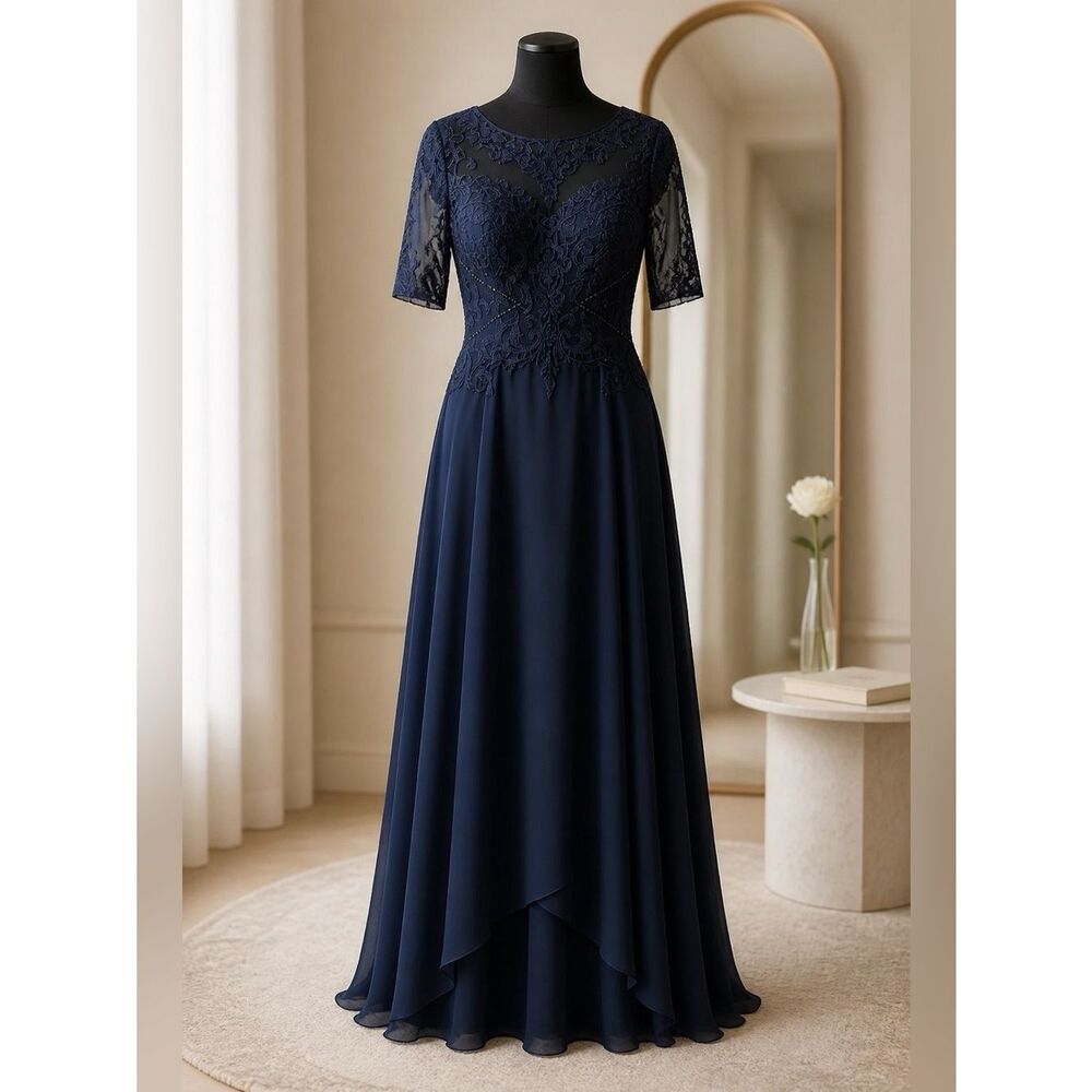 Dark Navy A-line Scoop Illusion Asymmetrical Lace Chiffon Dress Size 12 NWT